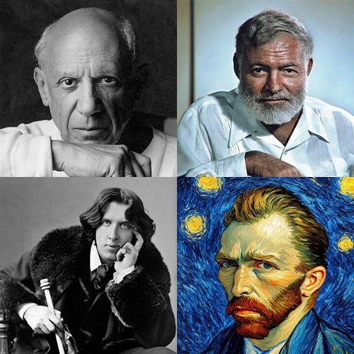 Un collage de cuatro retratos famosos: Pablo Picasso, Ernest Hemingway, Oscar Wilde y Vincent van Gogh.